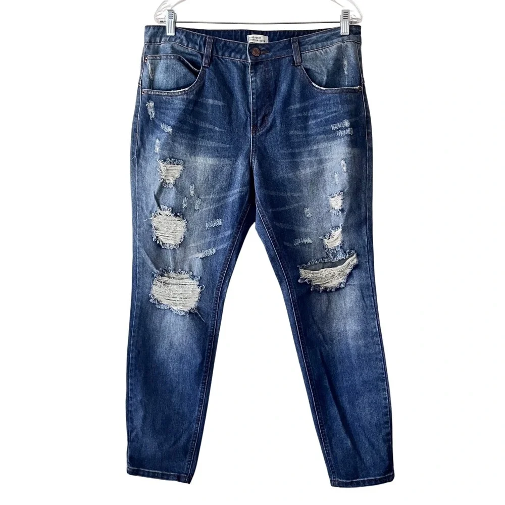 Forever‎ 21 Premium Denim Jeans Women Blue Distressed Ripped High Rise Size 30